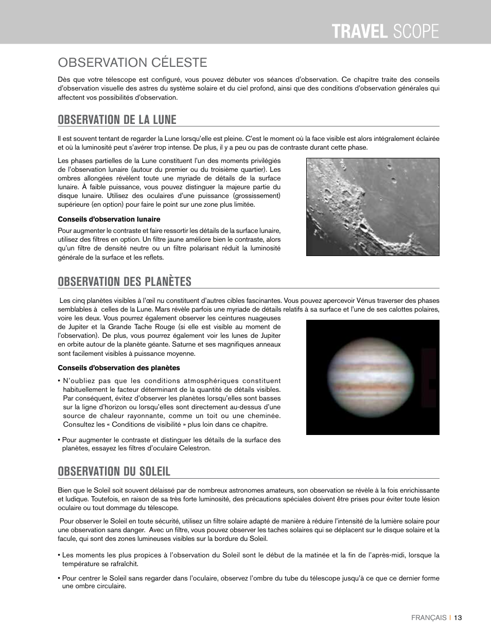 Observation céleste, Observation de la lune, Observation des planètes | Observation du soleil | Celestron Travel Scope 80mm f/5 AZ Refractor Telescope Kit User Manual | Page 33 / 100