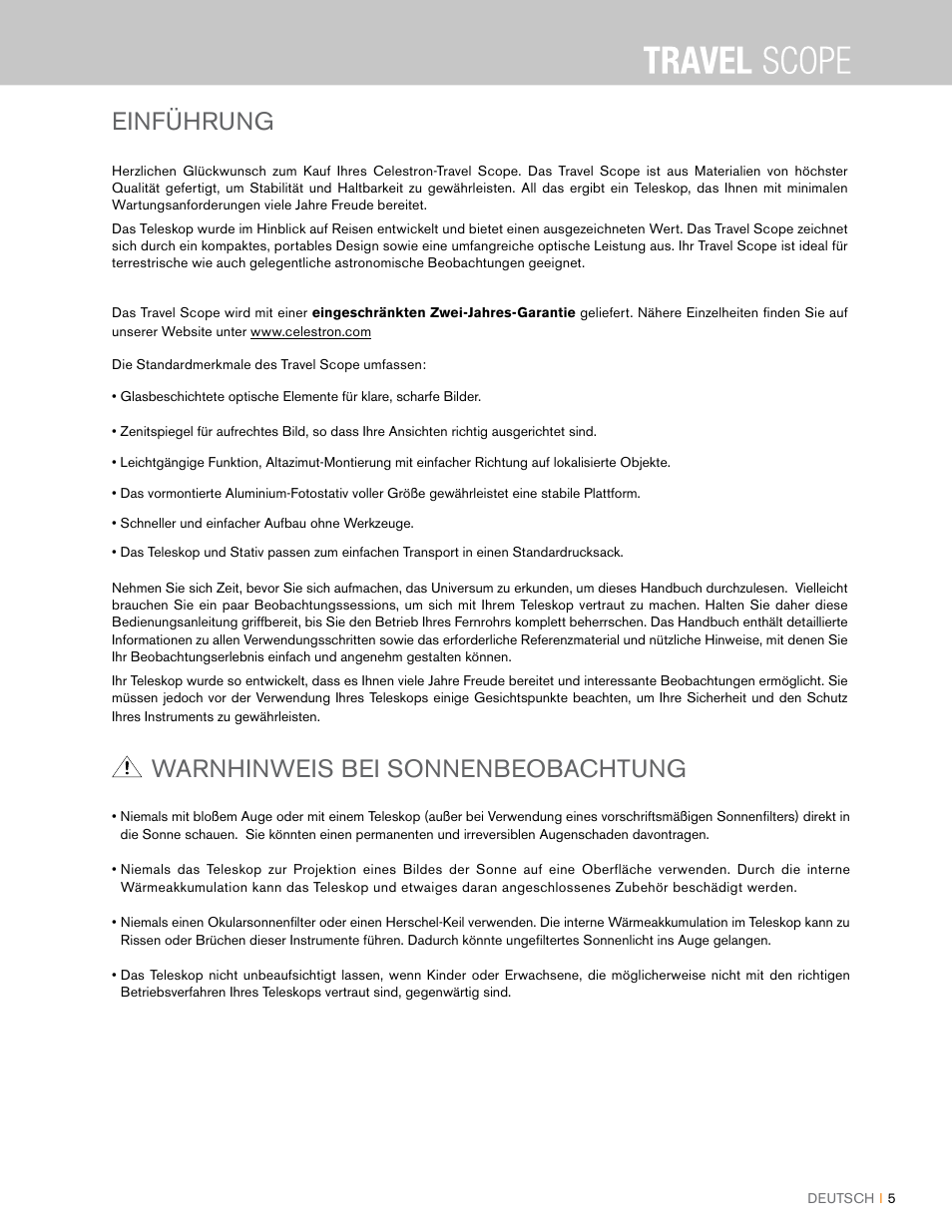 Einführung, Warnhinweis bei sonnenbeobachtung | Celestron Travel Scope 80mm f/5 AZ Refractor Telescope Kit User Manual | Page 45 / 100