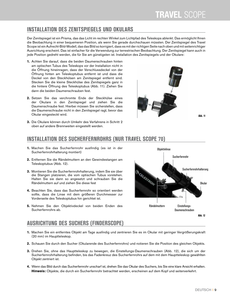 Installation des zenitspiegels und okulars, Ausrichtung des suchers (finderscope) | Celestron Travel Scope 80mm f/5 AZ Refractor Telescope Kit User Manual | Page 49 / 100