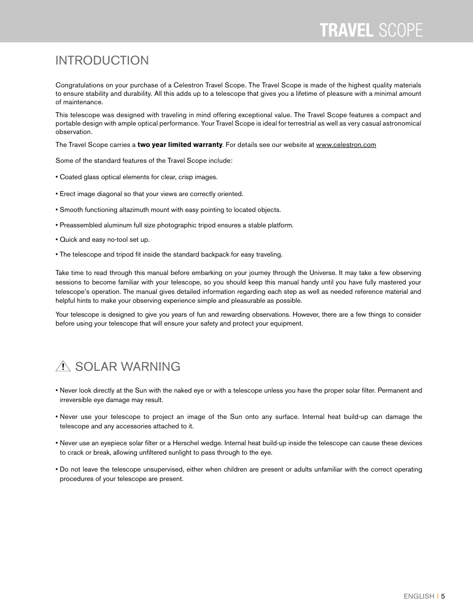 Introduction, Solar warning | Celestron Travel Scope 80mm f/5 AZ Refractor Telescope Kit User Manual | Page 5 / 100