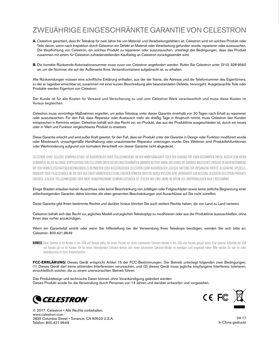 Zweijährige eingeschränkte garantie von celestron | Celestron Travel Scope 80mm f/5 AZ Refractor Telescope Kit User Manual | Page 60 / 100