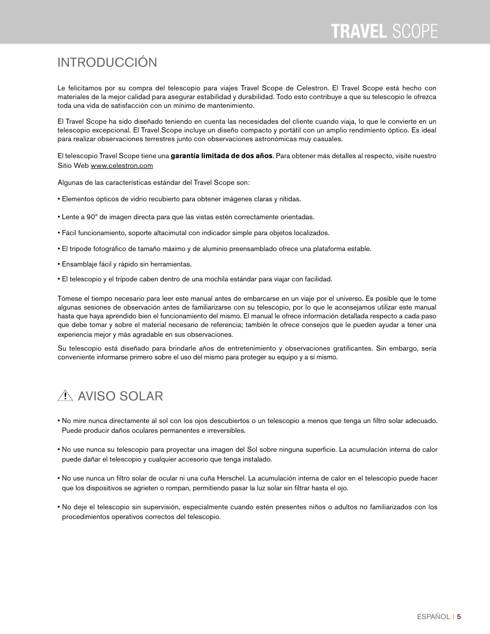 Introducción, Aviso solar | Celestron Travel Scope 80mm f/5 AZ Refractor Telescope Kit User Manual | Page 65 / 100