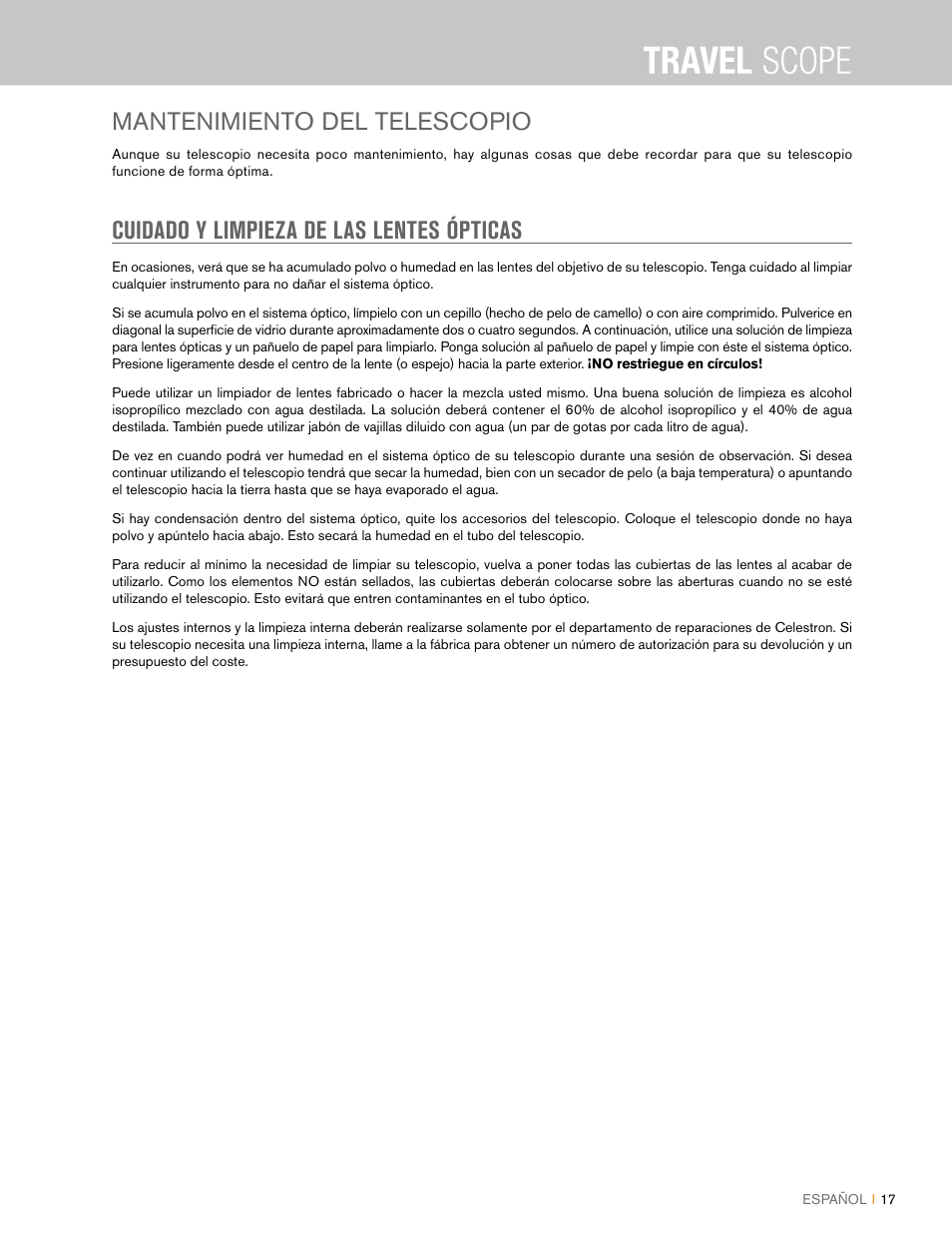 Mantenimiento del telescopio, Cuidado y limpieza de las lentes ópticas | Celestron Travel Scope 80mm f/5 AZ Refractor Telescope Kit User Manual | Page 77 / 100