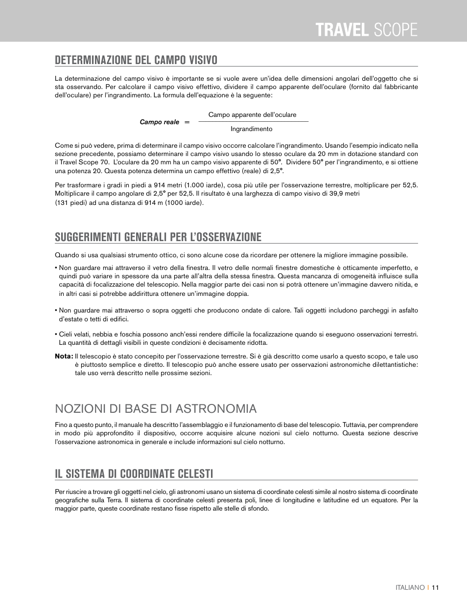 Determinazione del campo visivo, Suggerimenti generali per l’osservazione, Nozioni di base di astronomia | Il sistema di coordinate celesti | Celestron Travel Scope 80mm f/5 AZ Refractor Telescope Kit User Manual | Page 91 / 100