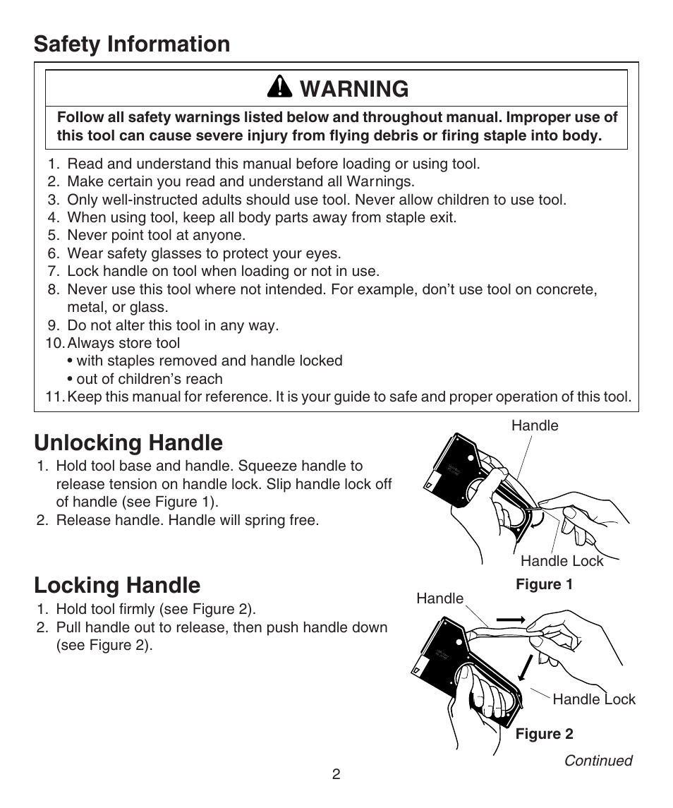 Safety information, Locking handle, Unlocking handle | Warning, Handle, Figure 2 | Desa 31600 User Manual | Page 2 / 4