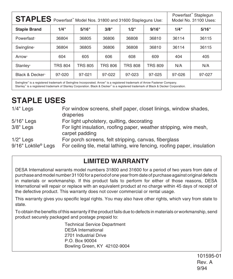 Staples, Staple uses, Limited warranty | Desa 31600 User Manual | Page 4 / 4