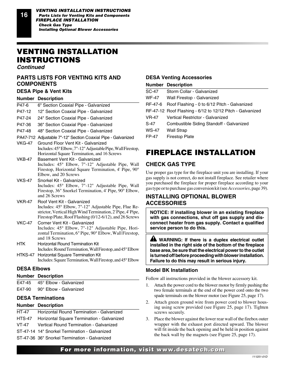 Venting installation instructions, Fireplace installation, Continued | Desa (V)T36ENA SERIES User Manual | Page 16 / 38