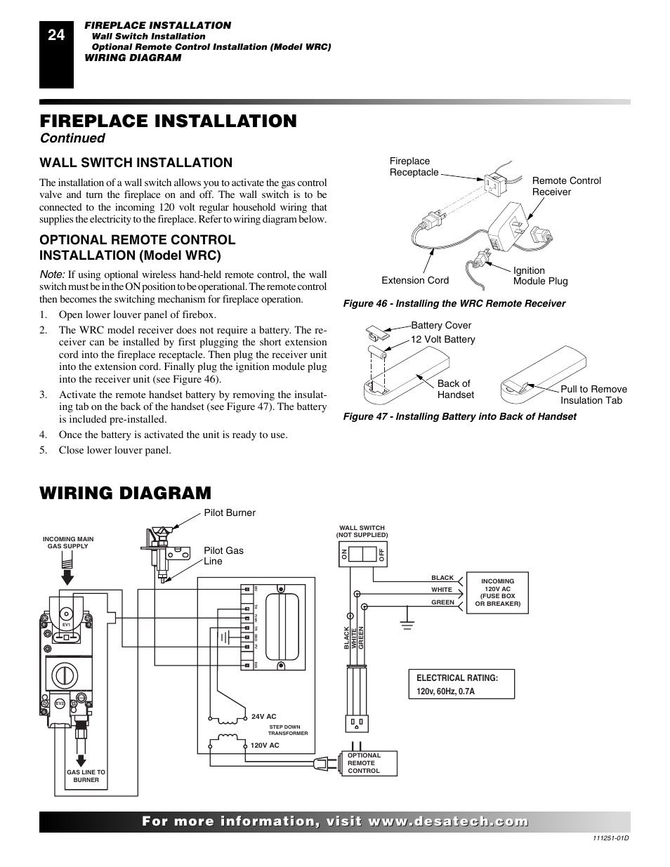Fireplace installation, Wiring diagram, Continued | Wall switch installation, Optional remote control installation (model wrc) | Desa (V)T36ENA SERIES User Manual | Page 24 / 38