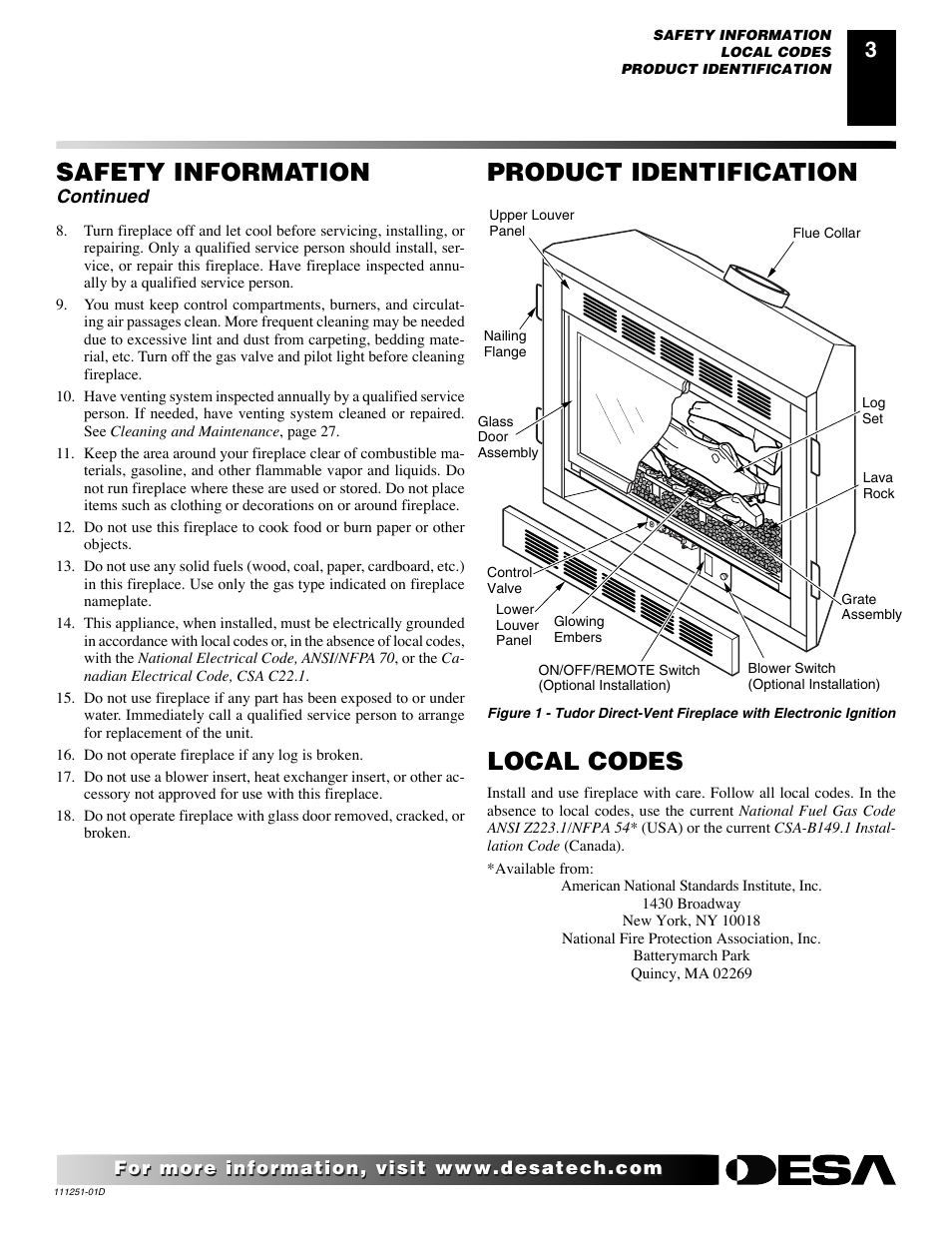 Safety information, Product identification, Local codes | Continued | Desa (V)T36ENA SERIES User Manual | Page 3 / 38