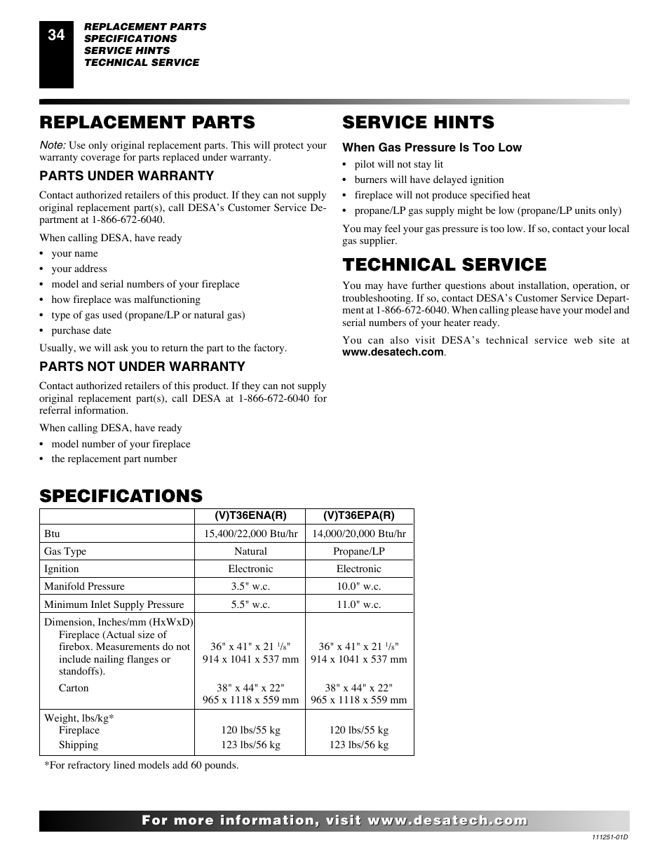 Specifications, Service hints, Technical service | Replacement parts | Desa (V)T36ENA SERIES User Manual | Page 34 / 38