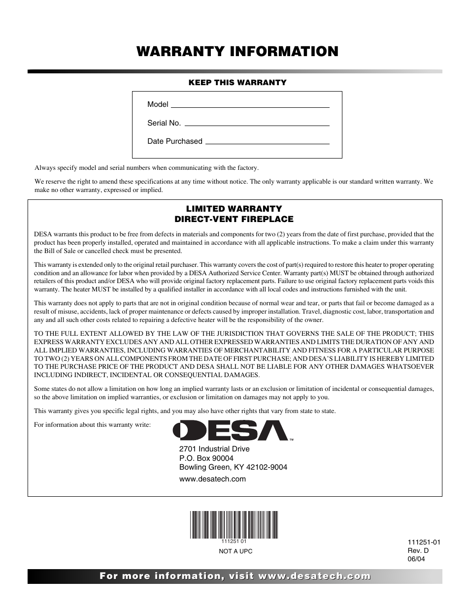 Warranty information | Desa (V)T36ENA SERIES User Manual | Page 38 / 38