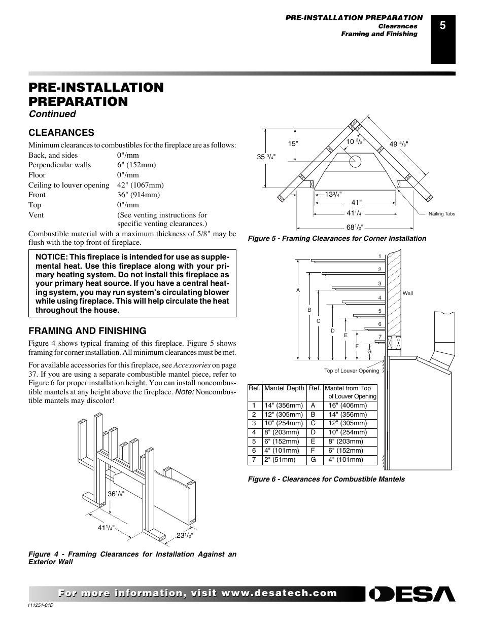 Pre-installation preparation, Continued, Clearances | Framing and finishing | Desa (V)T36ENA SERIES User Manual | Page 5 / 38