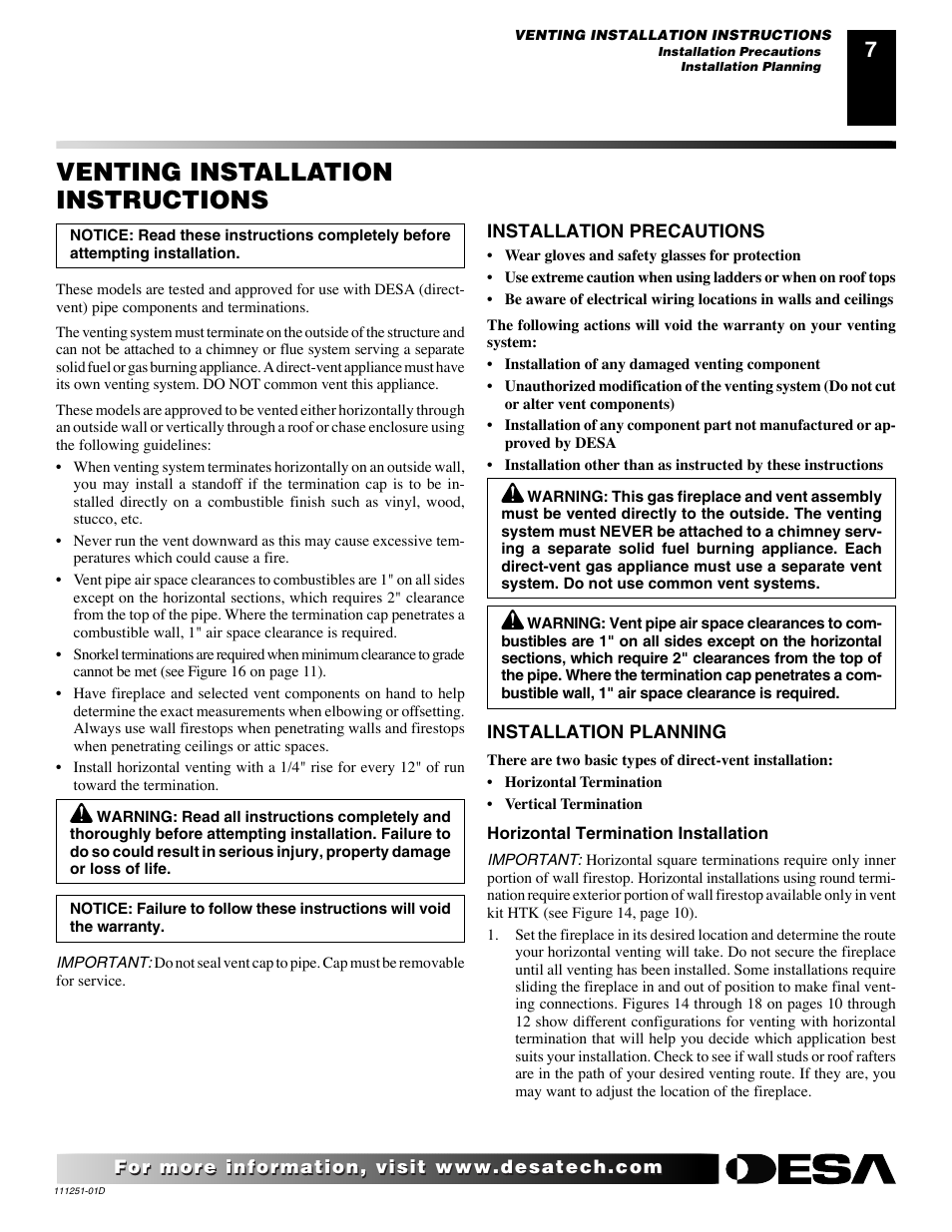 Venting installation instructions | Desa (V)T36ENA SERIES User Manual | Page 7 / 38