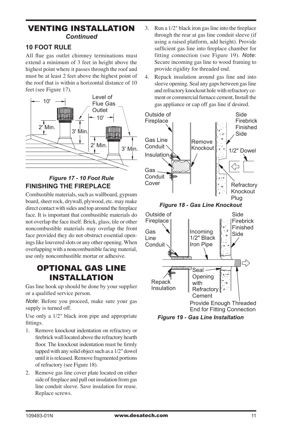 Optional gas line installation, Venting installation | Desa (V)G42/50 User Manual | Page 11 / 16