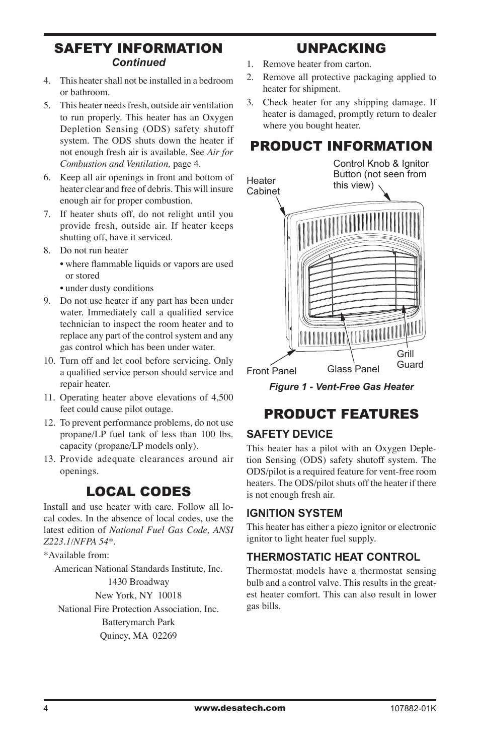 Local codes, Unpacking, Product information | Product features, Safety information, Product information product features | Desa CBN20T  EN User Manual | Page 4 / 32