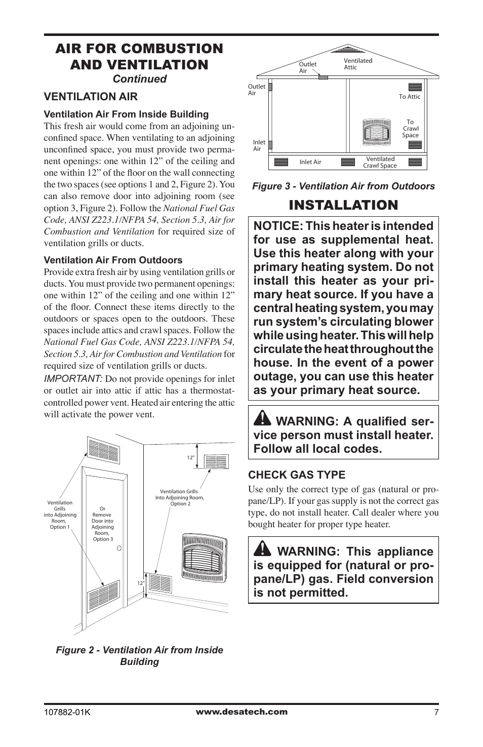 Installation, Air for combustion and ventilation | Desa CBN20T  EN User Manual | Page 7 / 32