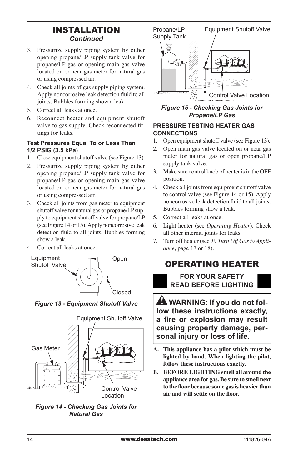 Operating heater, Installation | Desa VF-18P-PJD User Manual | Page 14 / 32