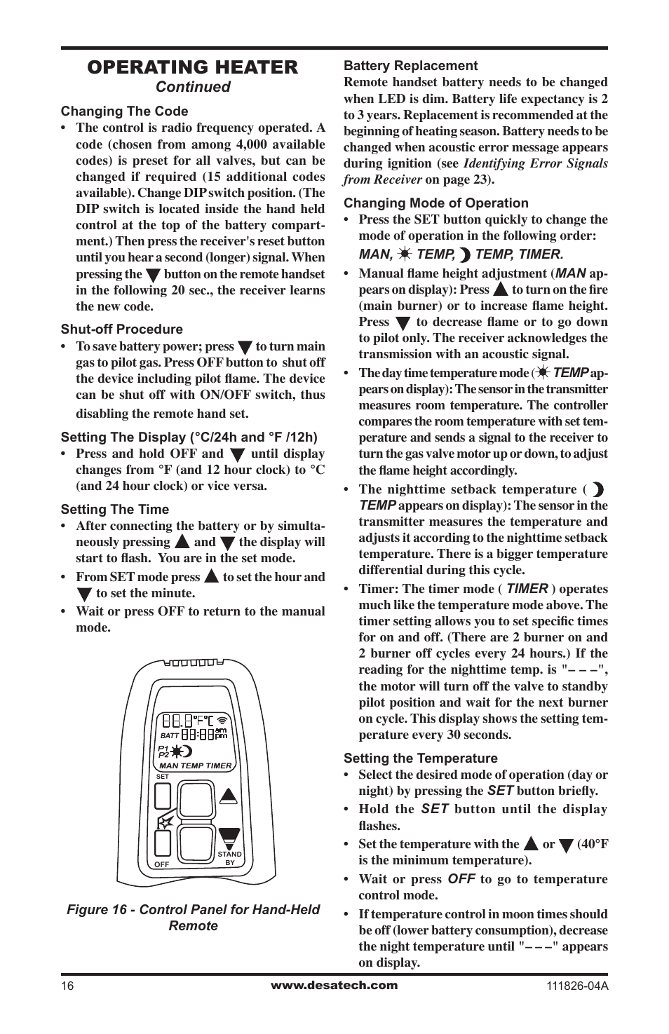 Operating heater | Desa VF-18P-PJD User Manual | Page 16 / 32