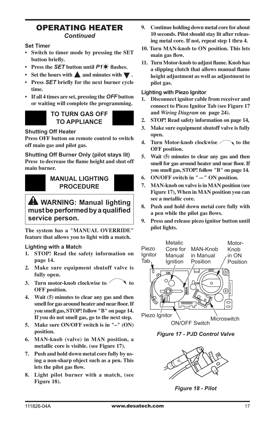 Operating heater | Desa VF-18P-PJD User Manual | Page 17 / 32