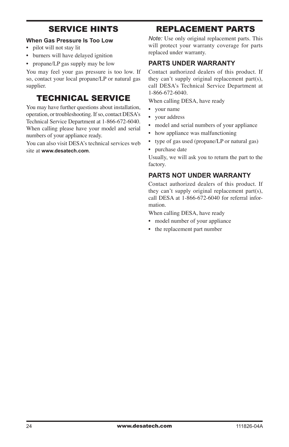 Service hints, Technical service, Replacement parts | Desa VF-18P-PJD User Manual | Page 24 / 32