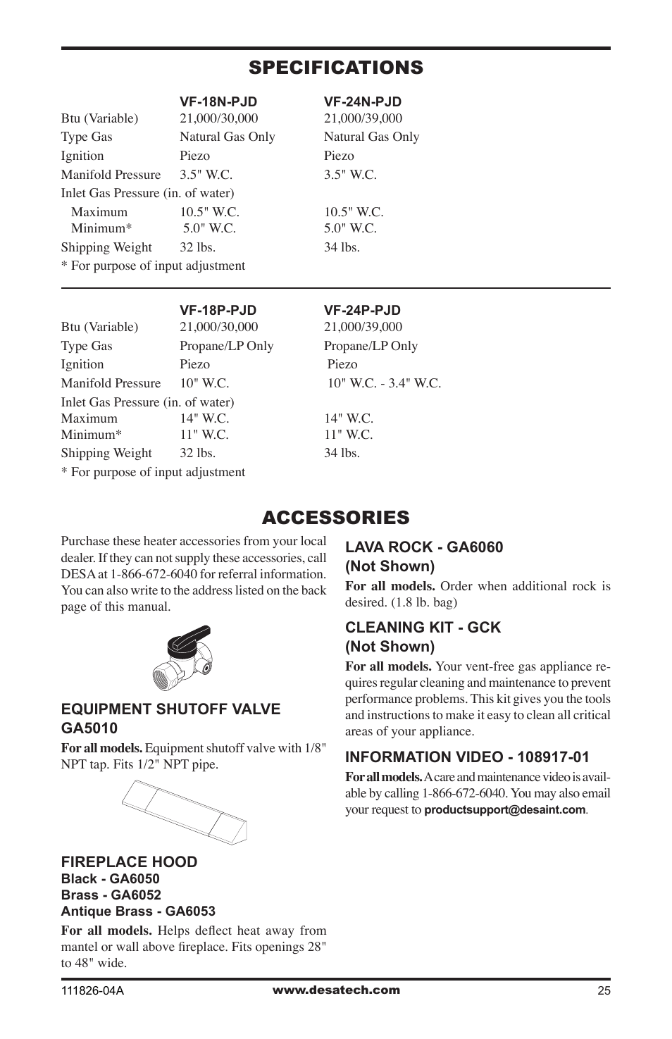 Specifications, Accessories, Specifications accessories | Desa VF-18P-PJD User Manual | Page 25 / 32