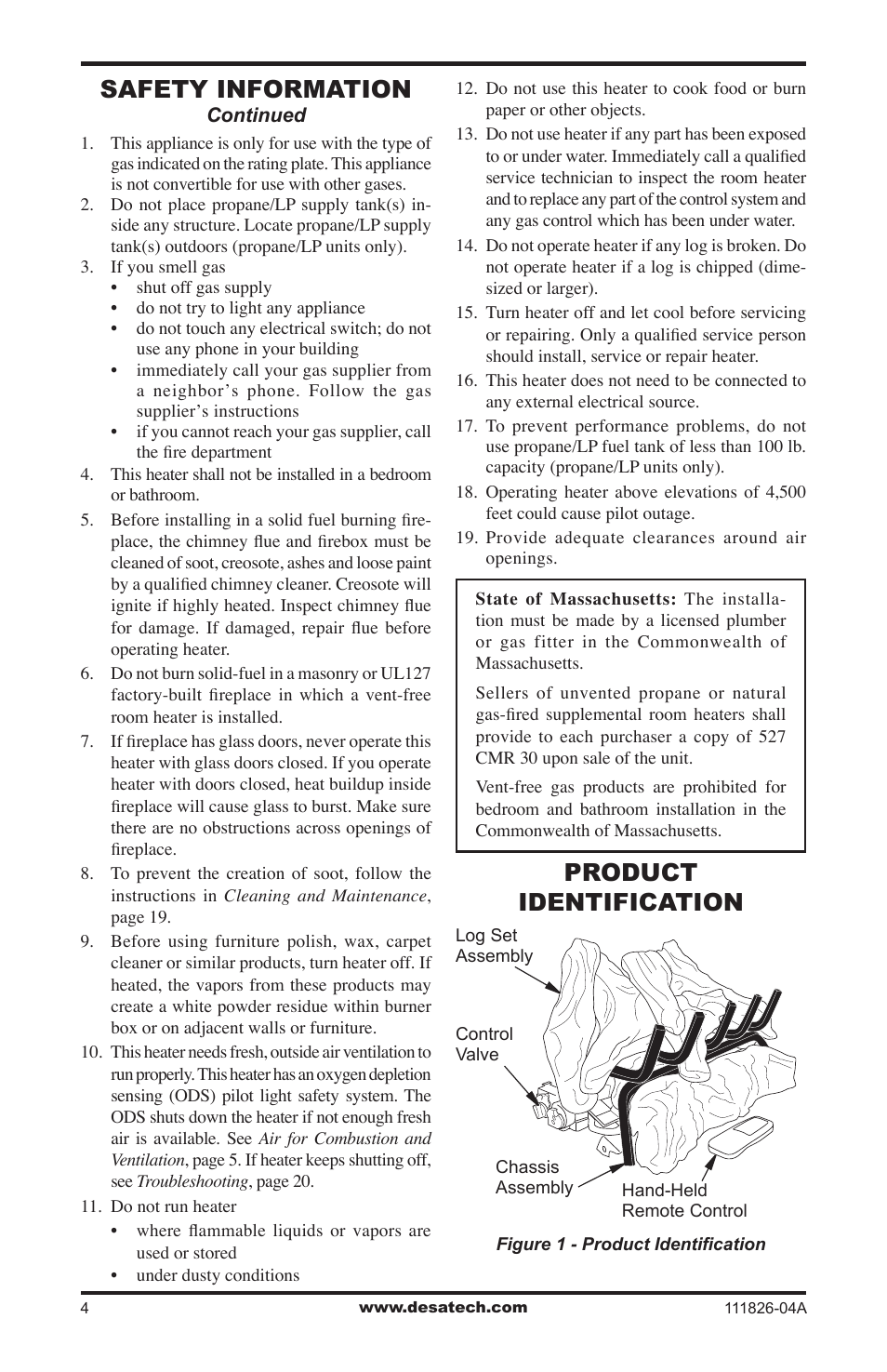 Product identification, Safety information | Desa VF-18P-PJD User Manual | Page 4 / 32