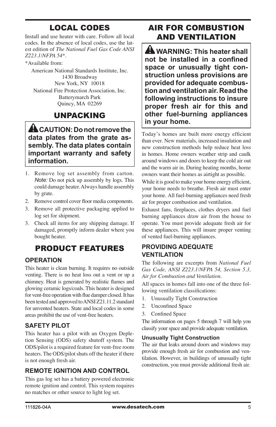 Local codes, Unpacking, Product features | Air for combustion and ventilation | Desa VF-18P-PJD User Manual | Page 5 / 32