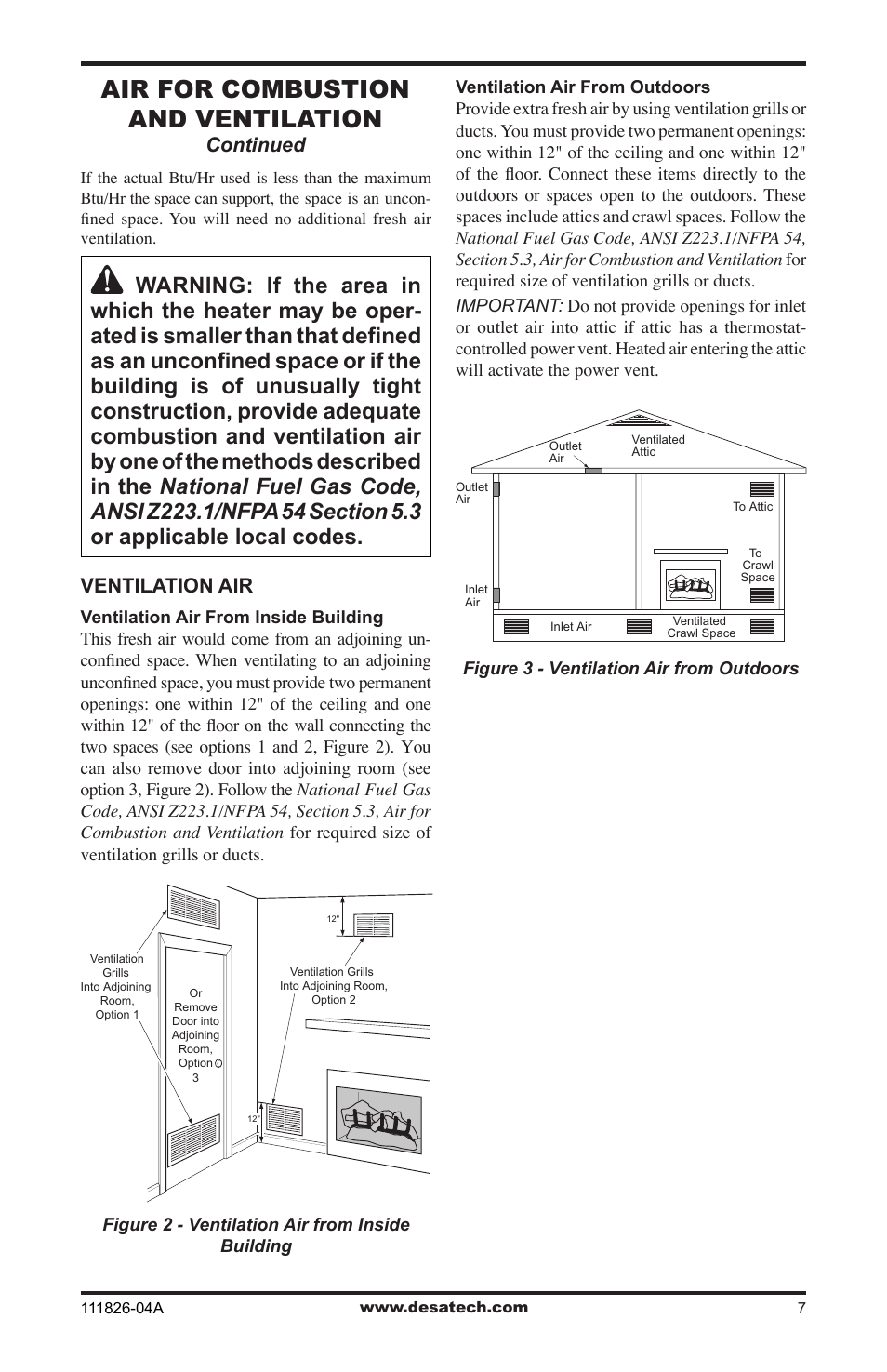 Air for combustion and ventilation, Continued, Ventilation air | Desa VF-18P-PJD User Manual | Page 7 / 32