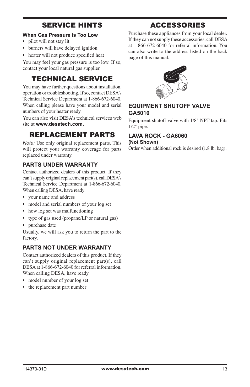 Service hints, Technical service, Replacement parts | Accessories | Desa VTD-24N-JHB User Manual | Page 13 / 16