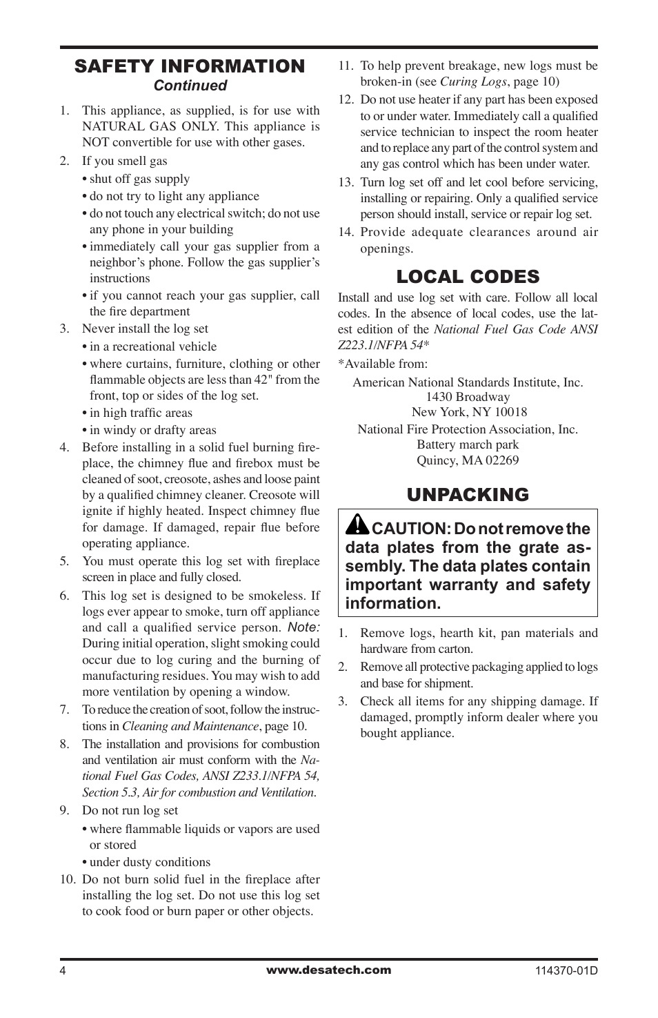 Local codes, Unpacking, Safety information | Desa VTD-24N-JHB User Manual | Page 4 / 16