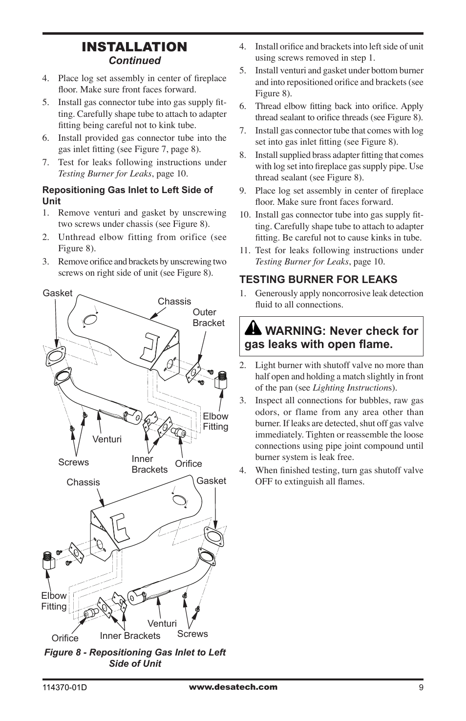 Installation, Warning: never check for gas leaks with open flame | Desa VTD-24N-JHB User Manual | Page 9 / 16