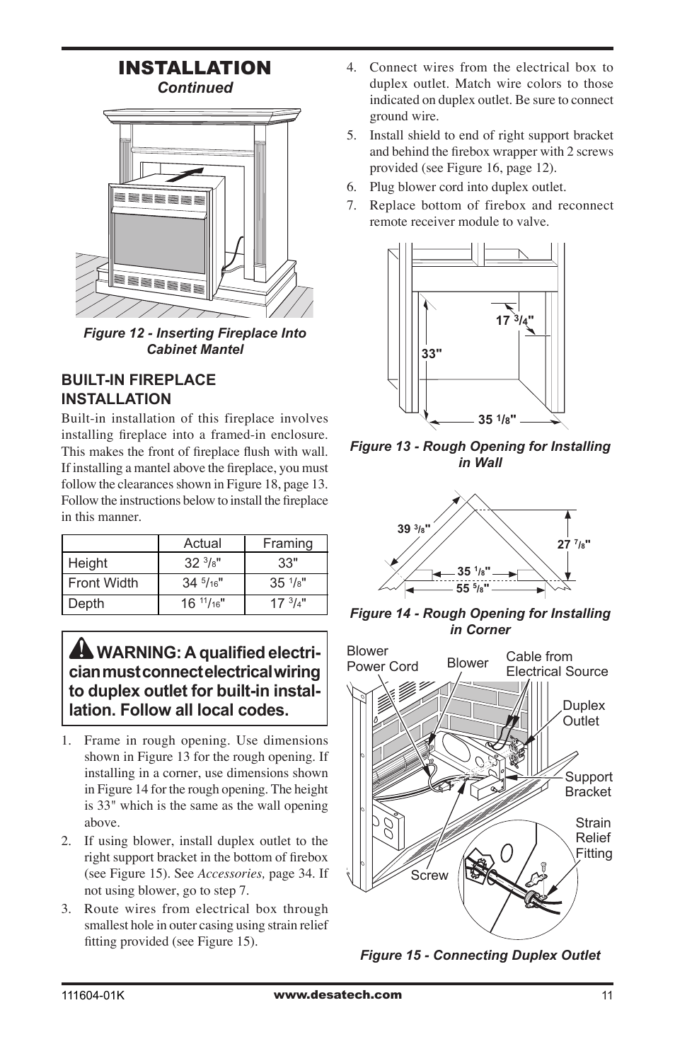 Installation, Continued, Built-in fireplace installation | Desa LMFP33NR(A) User Manual | Page 11 / 36