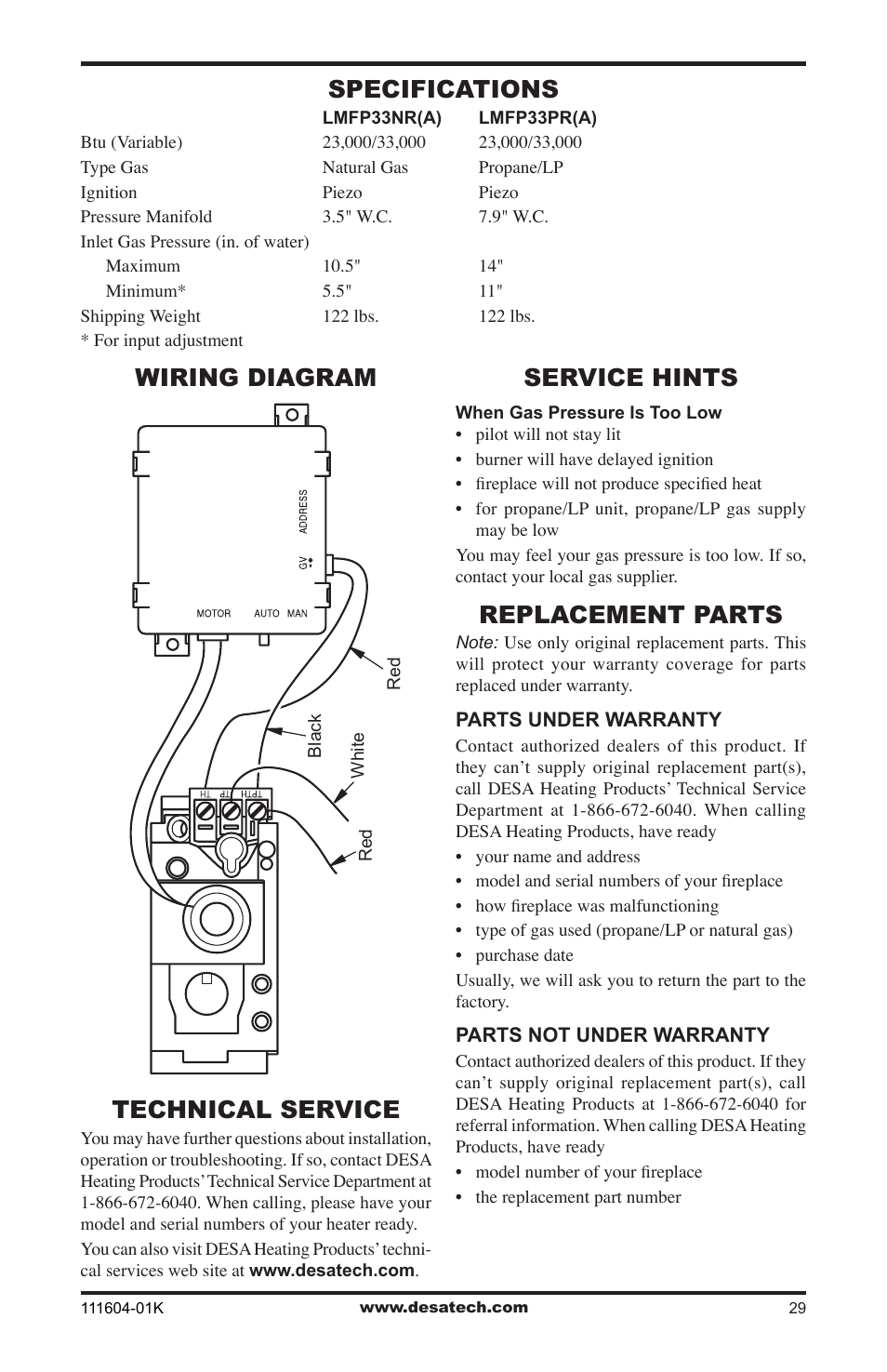 Specifications, Wiring diagram, Technical service | Service hints, Replacement parts | Desa LMFP33NR(A) User Manual | Page 29 / 36
