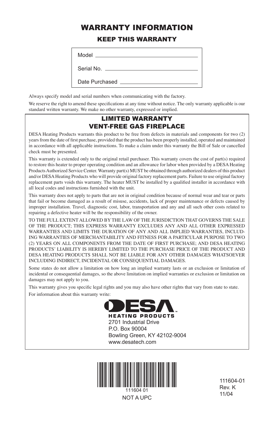 Warranty information, Keep this warranty, Limited warranty vent-free gas fireplace | Desa LMFP33NR(A) User Manual | Page 36 / 36