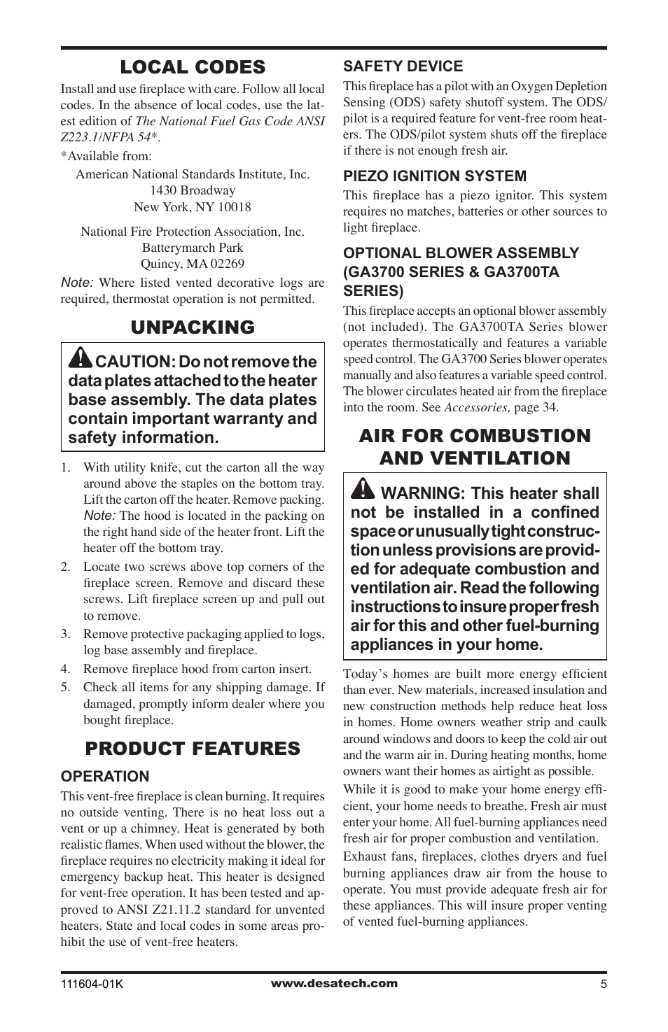 Local codes, Unpacking, Product features | Air for combustion and ventilation | Desa LMFP33NR(A) User Manual | Page 5 / 36