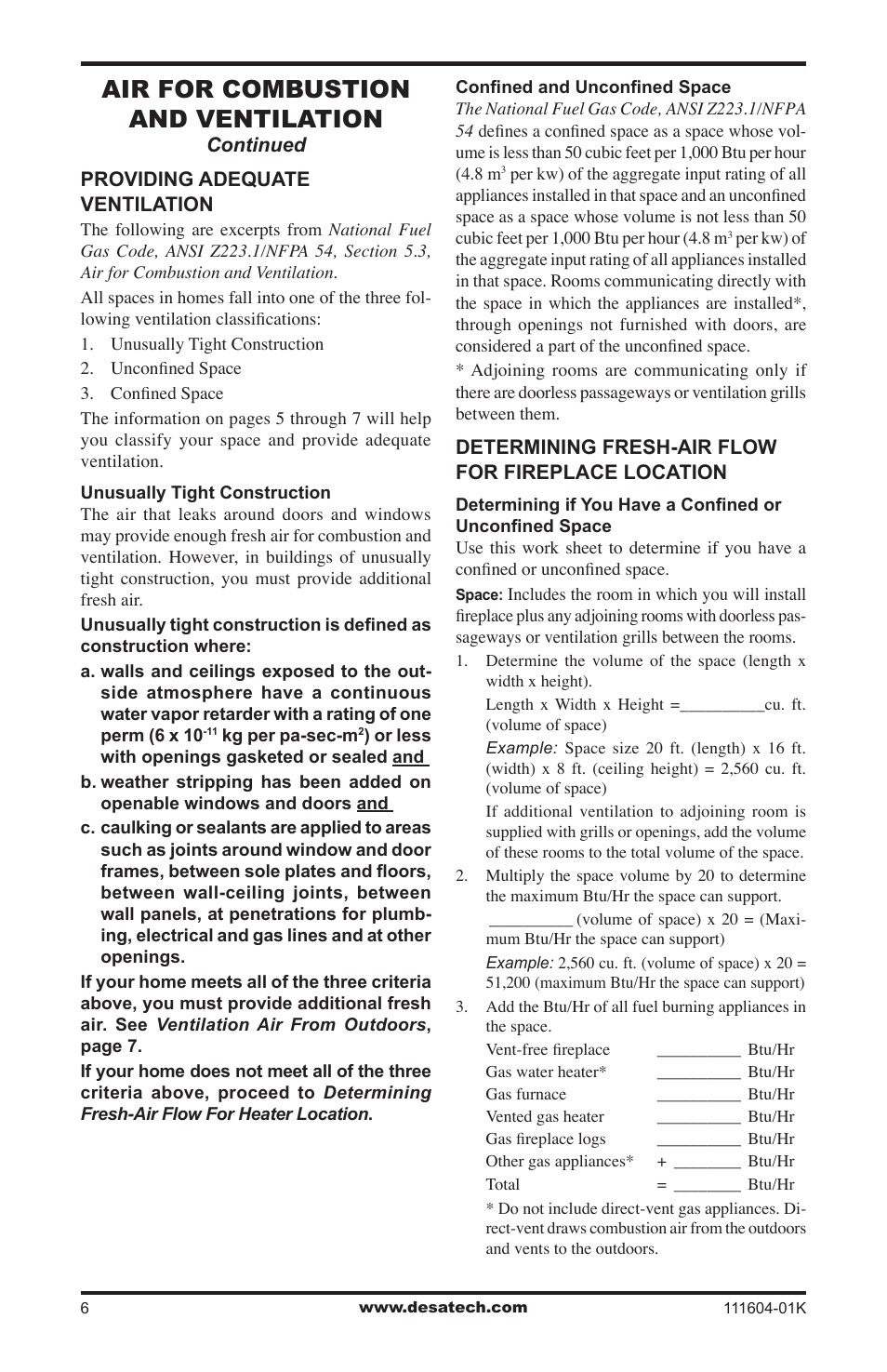 Air for combustion and ventilation | Desa LMFP33NR(A) User Manual | Page 6 / 36