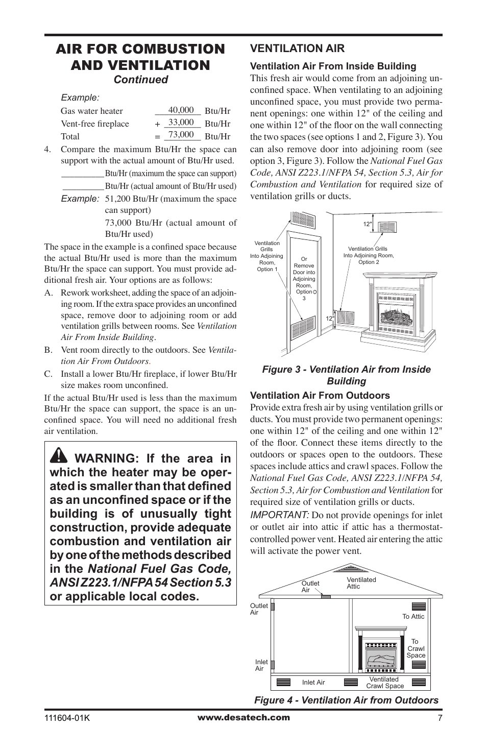 Air for combustion and ventilation, Continued, Ventilation air | Desa LMFP33NR(A) User Manual | Page 7 / 36