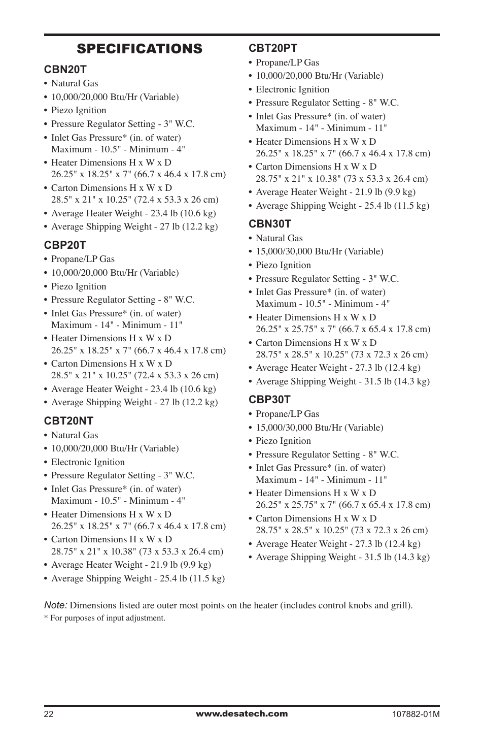 Specifications | Desa CBT30NT User Manual | Page 22 / 28
