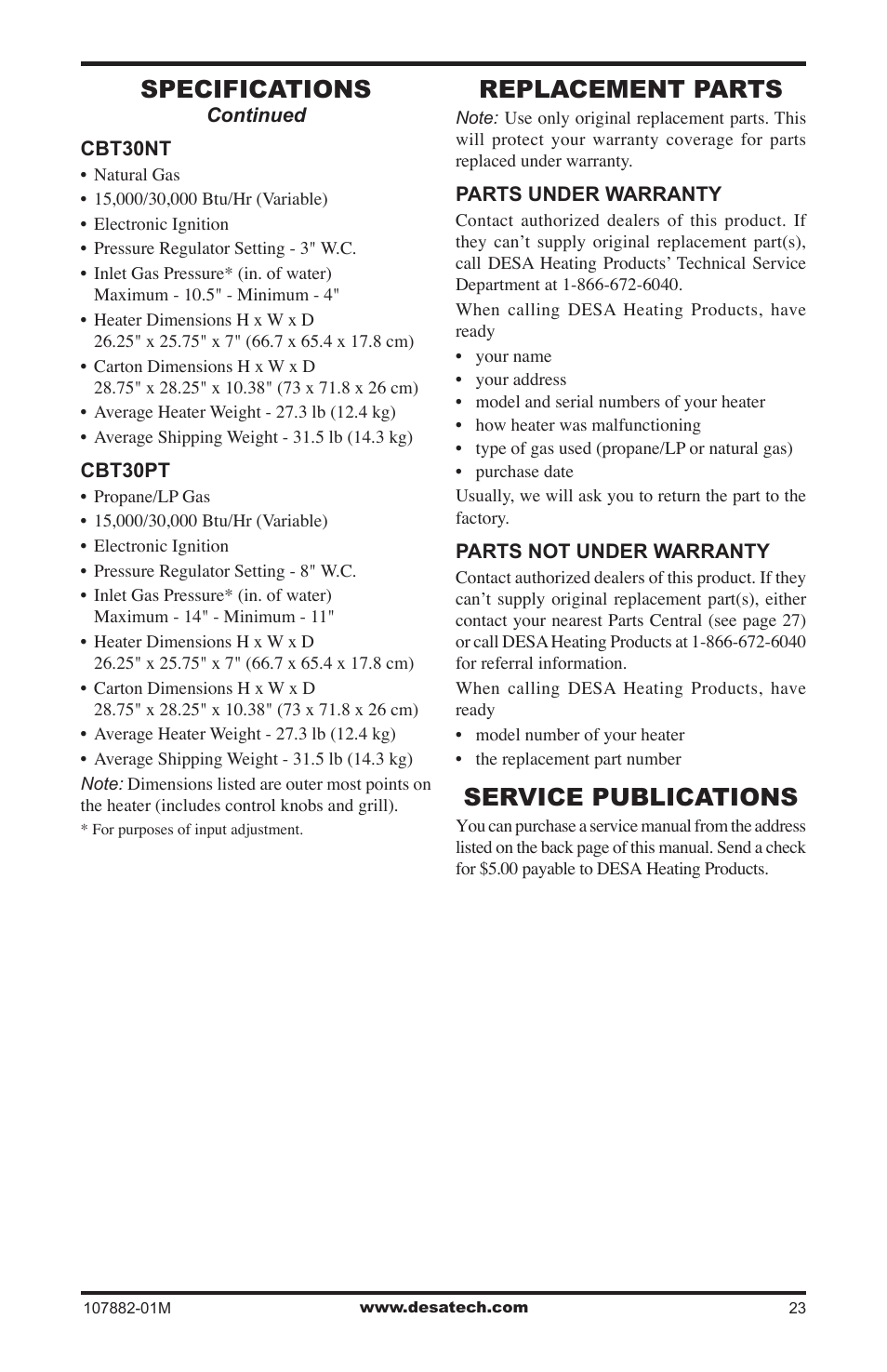 Replacement parts, Service publications, Specifications | Desa CBT30NT User Manual | Page 23 / 28