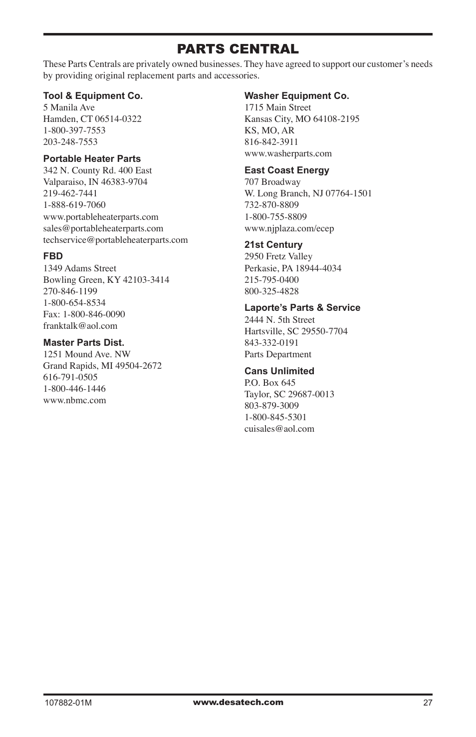 Parts central | Desa CBT30NT User Manual | Page 27 / 28
