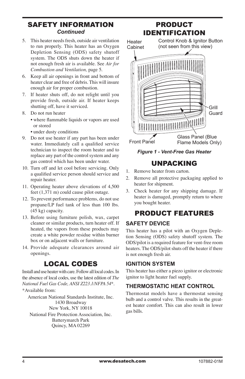 Local codes, Product identification, Unpacking | Product features, Safety information | Desa CBT30NT User Manual | Page 4 / 28
