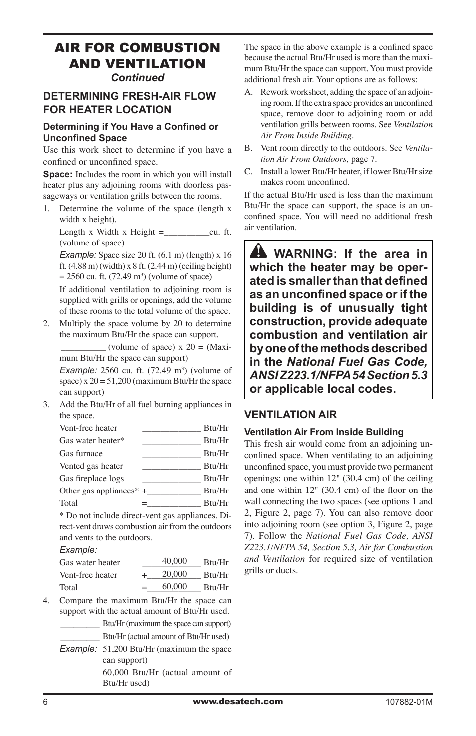 Air for combustion and ventilation | Desa CBT30NT User Manual | Page 6 / 28