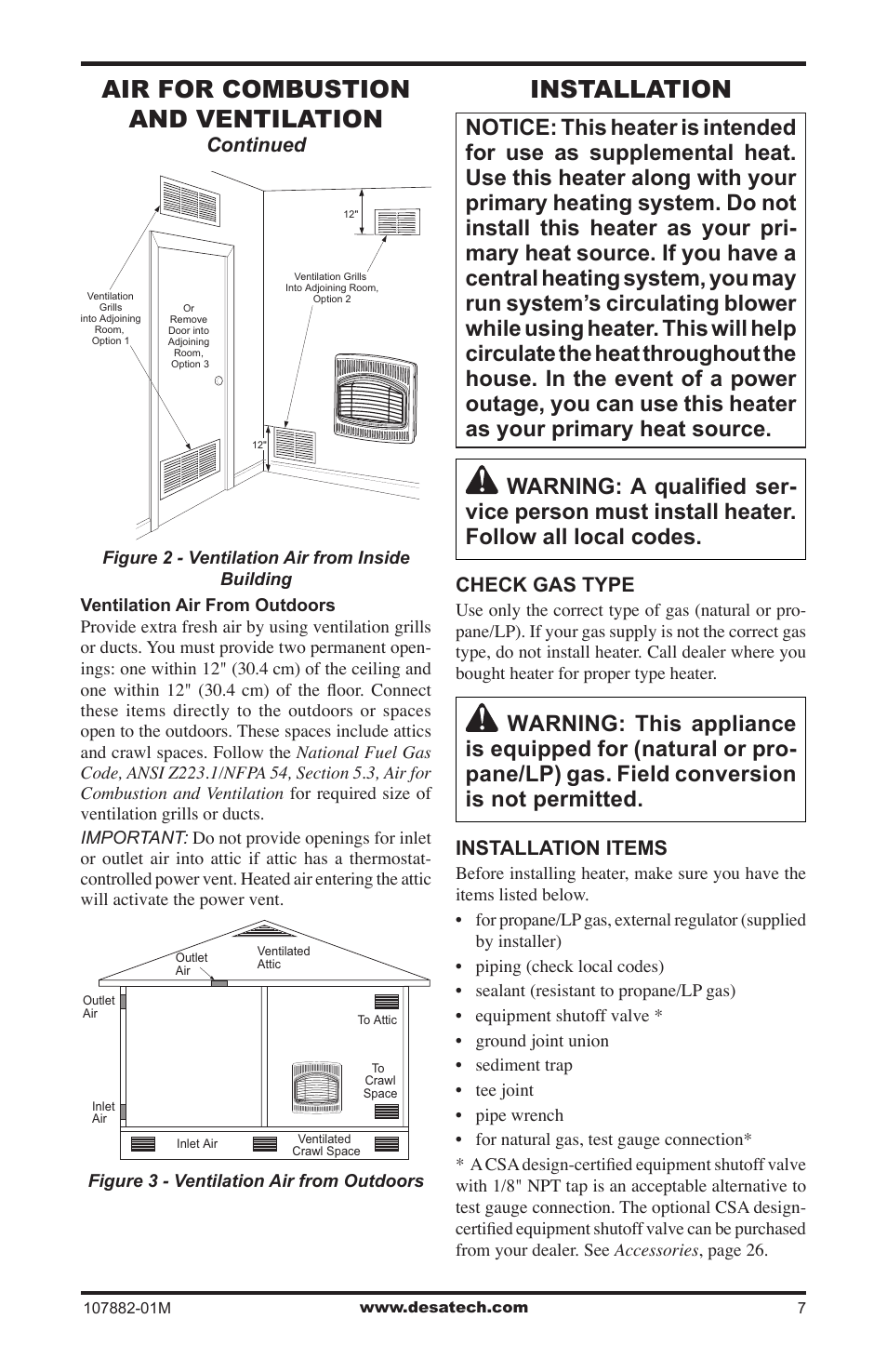 Installation, Air for combustion and ventilation | Desa CBT30NT User Manual | Page 7 / 28