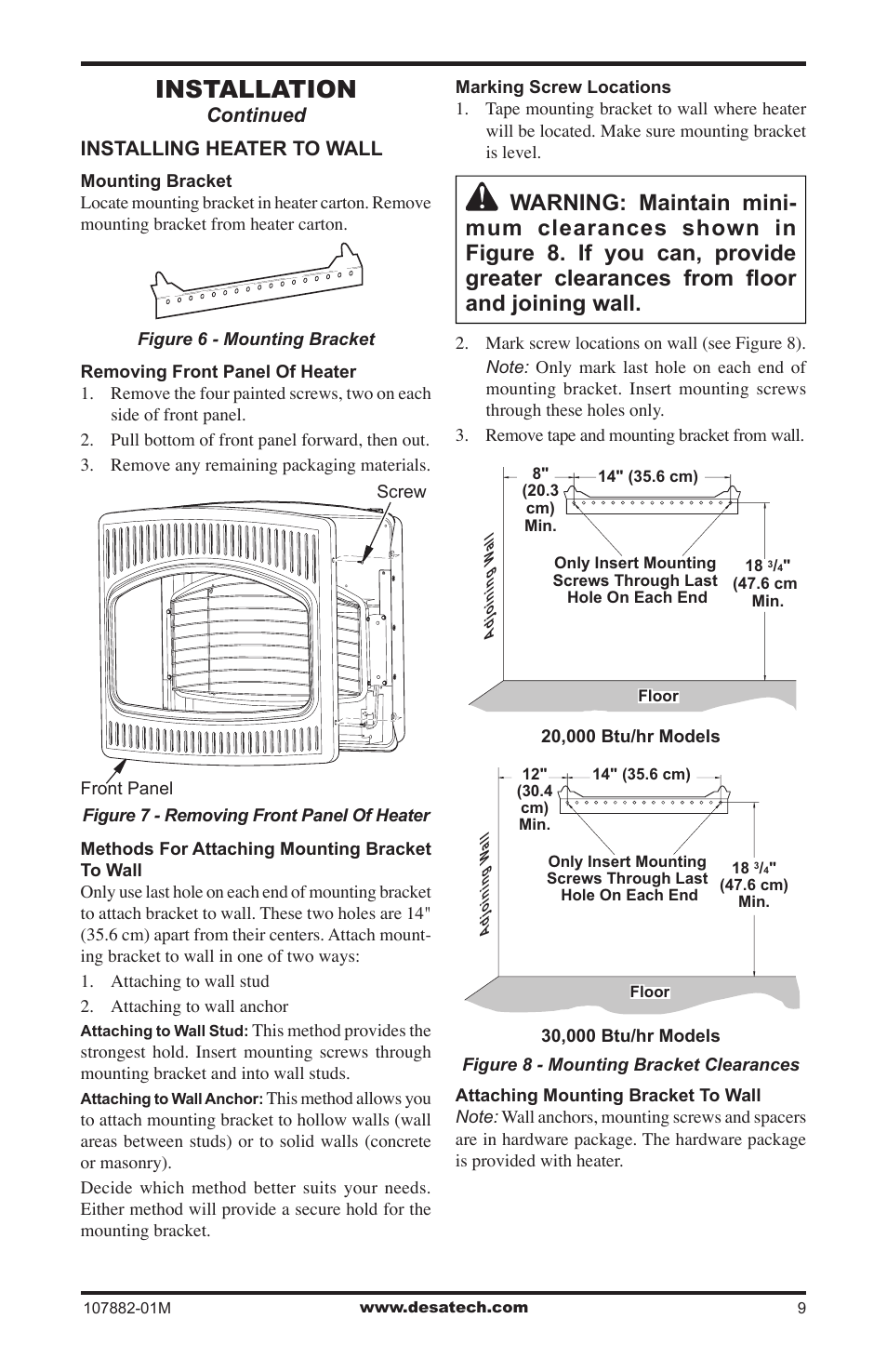 Installation, Installing heater to wall, Continued | Desa CBT30NT User Manual | Page 9 / 28
