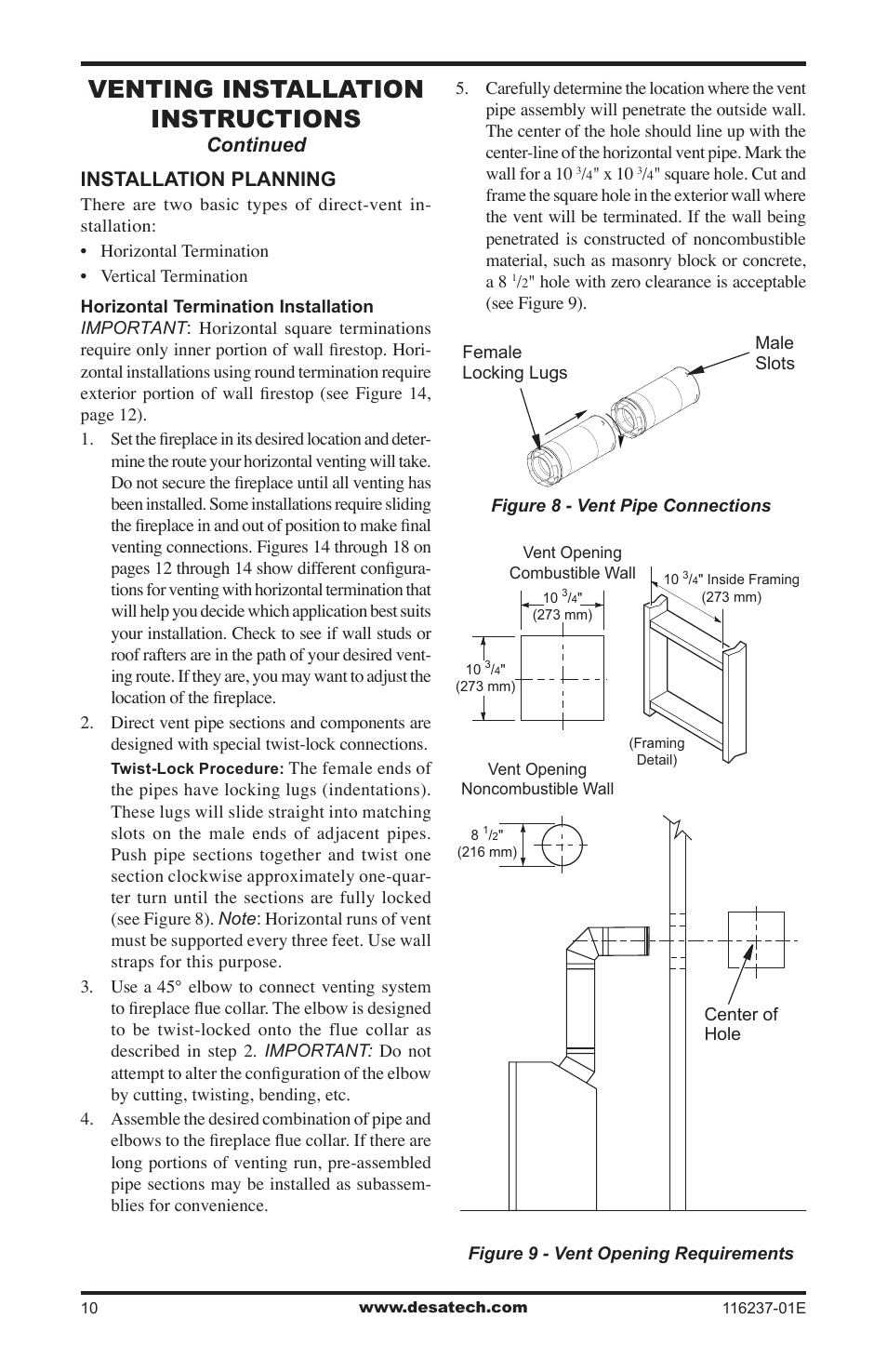 Venting installation instructions, Installation planning, Continued | Desa VC42NE SERIES User Manual | Page 10 / 40