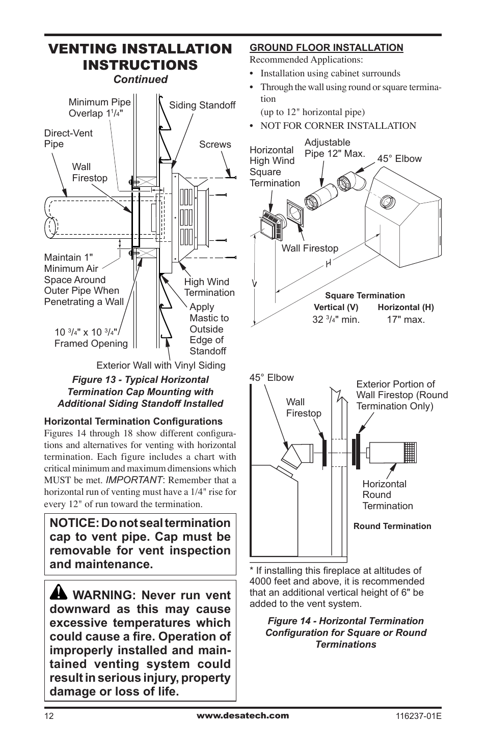 Venting installation instructions | Desa VC42NE SERIES User Manual | Page 12 / 40