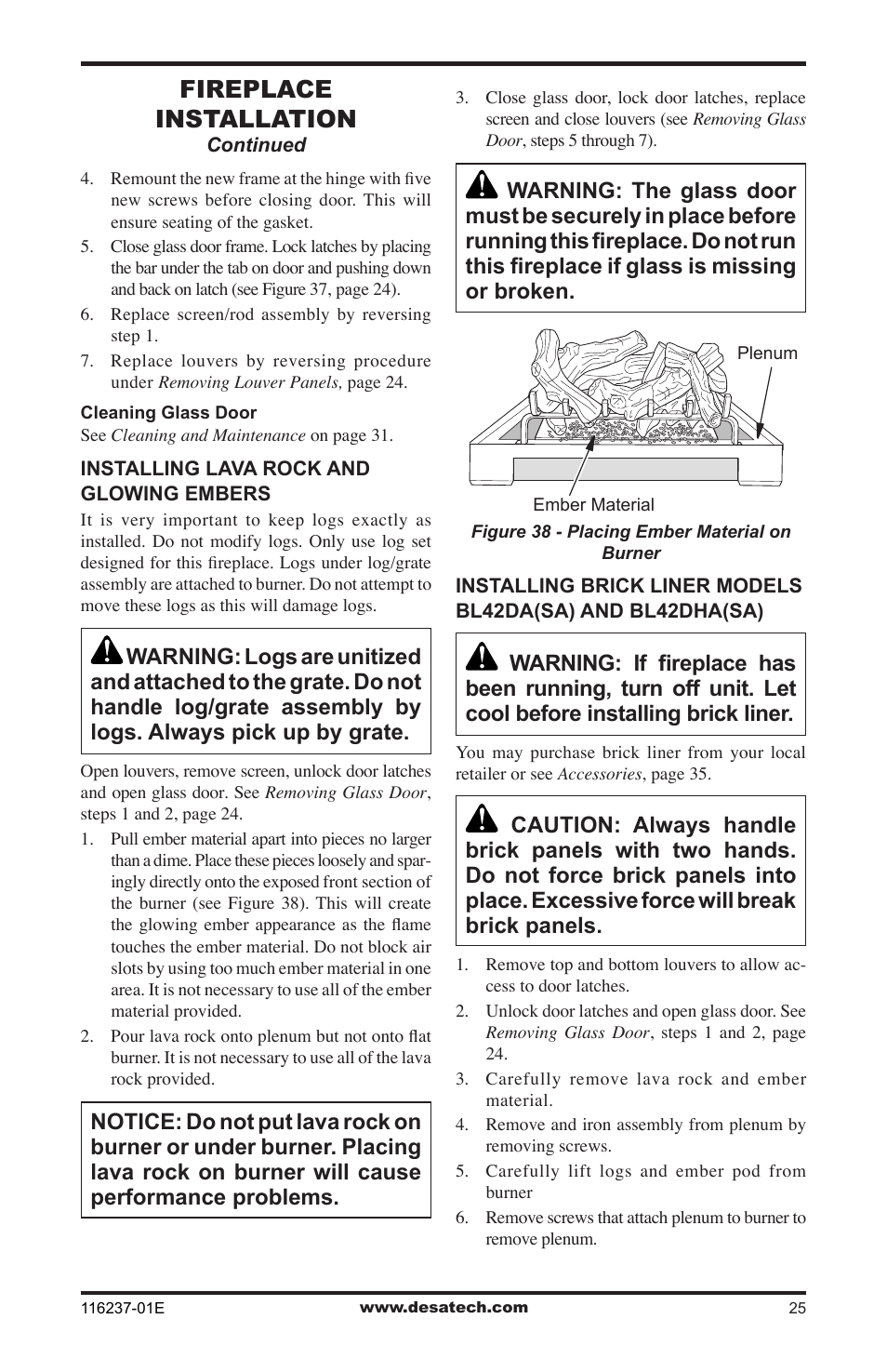 Fireplace installation | Desa VC42NE SERIES User Manual | Page 25 / 40