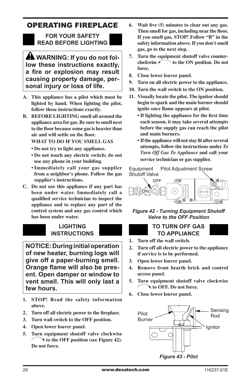 Operating fireplace | Desa VC42NE SERIES User Manual | Page 28 / 40