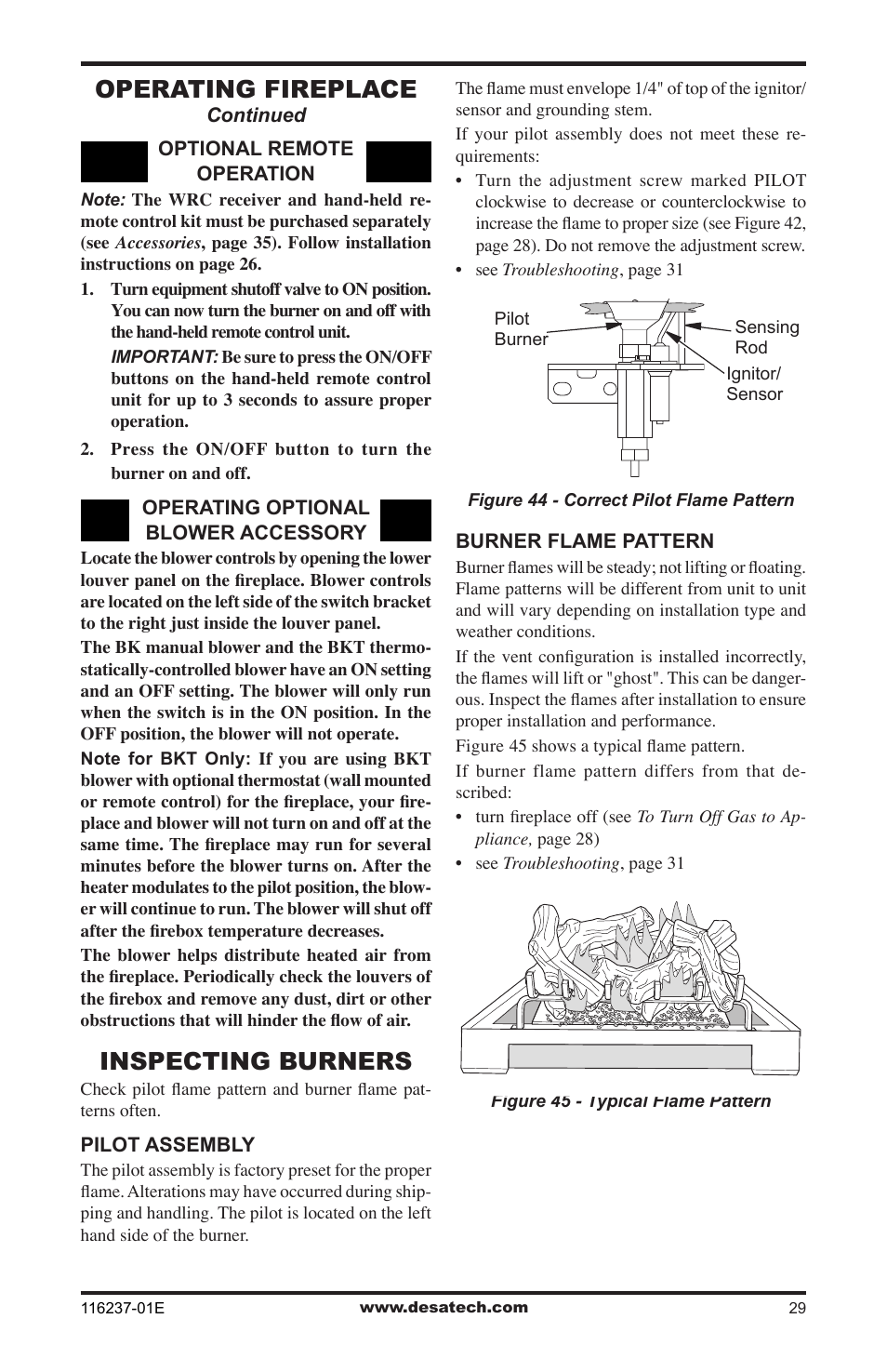 Inspecting burners, Operating fireplace | Desa VC42NE SERIES User Manual | Page 29 / 40