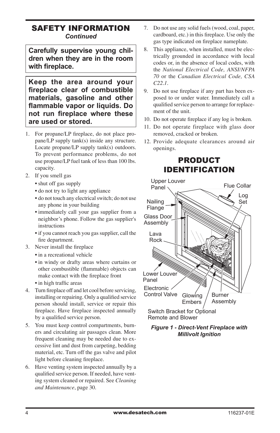 Product identification, Safety information | Desa VC42NE SERIES User Manual | Page 4 / 40